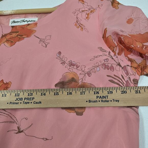 VTG Norm Thompson Maxi Dress Sz L Pink Peach Floral Chiffon Lined Short Sleeve - Picture 12 of 16